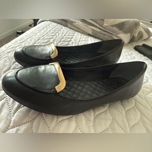 Tory Burch Black Leather Ballet Flats with Gold Accent - Women Shoes